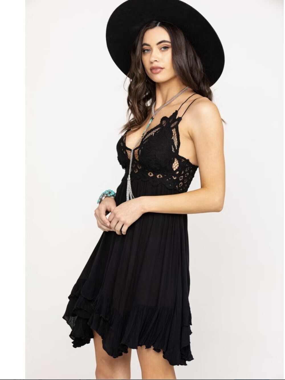 Free People One Adella Mini Dress Black Lace Bodice Spaghetti Strap Boho Sz XS